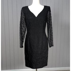 Vintage Gillian 80s Sleek Black Embroidered Sheer Long Sleeve V-Neck Dress Sz 6
